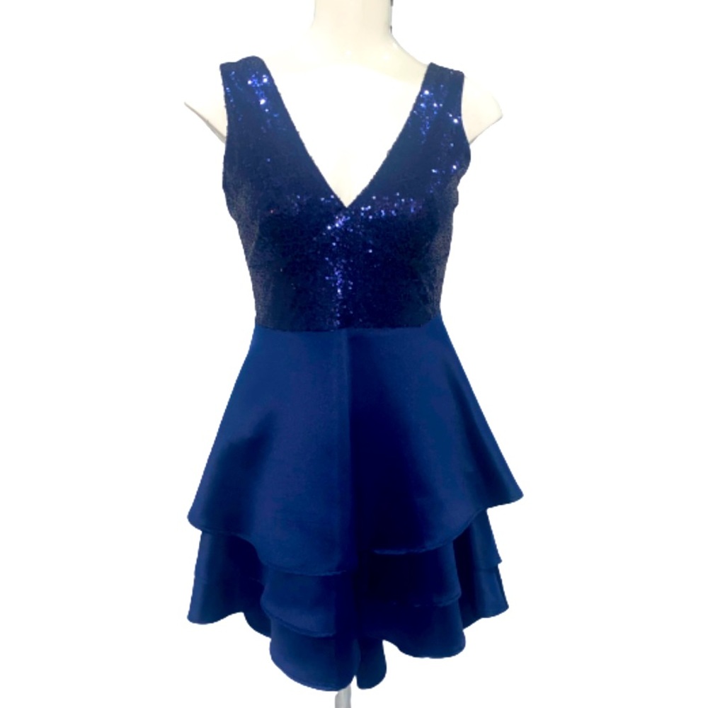 Navy blue midi prom dress with sequins top